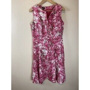 Talbots 8P Floral Dress Garden Party Wedding 100% Linen Pink Pleated Knee Length